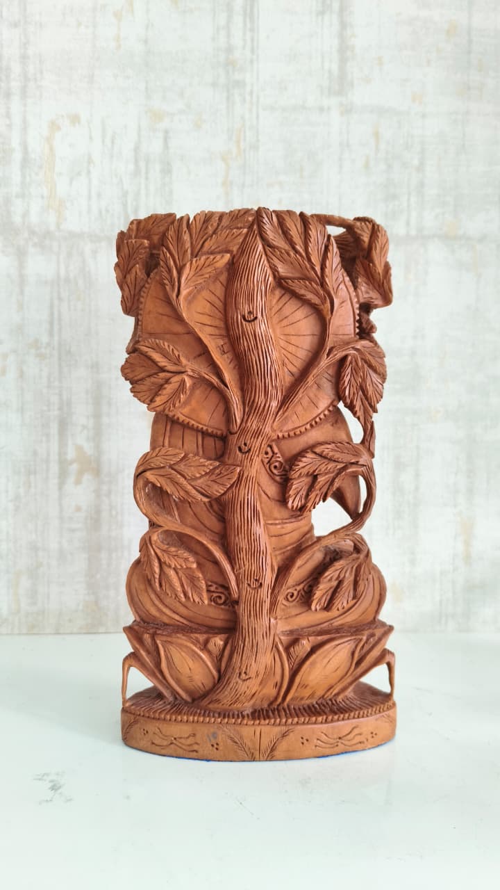 Reversible Hand-Carved Wooden Buddha & Bodhi Tree Sculpture
