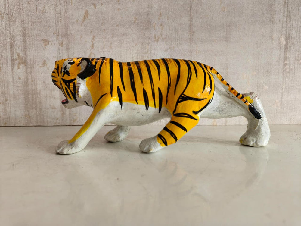 Indian Nirmal art wooden tiger toy with bold stripes and glossy lacquer polish