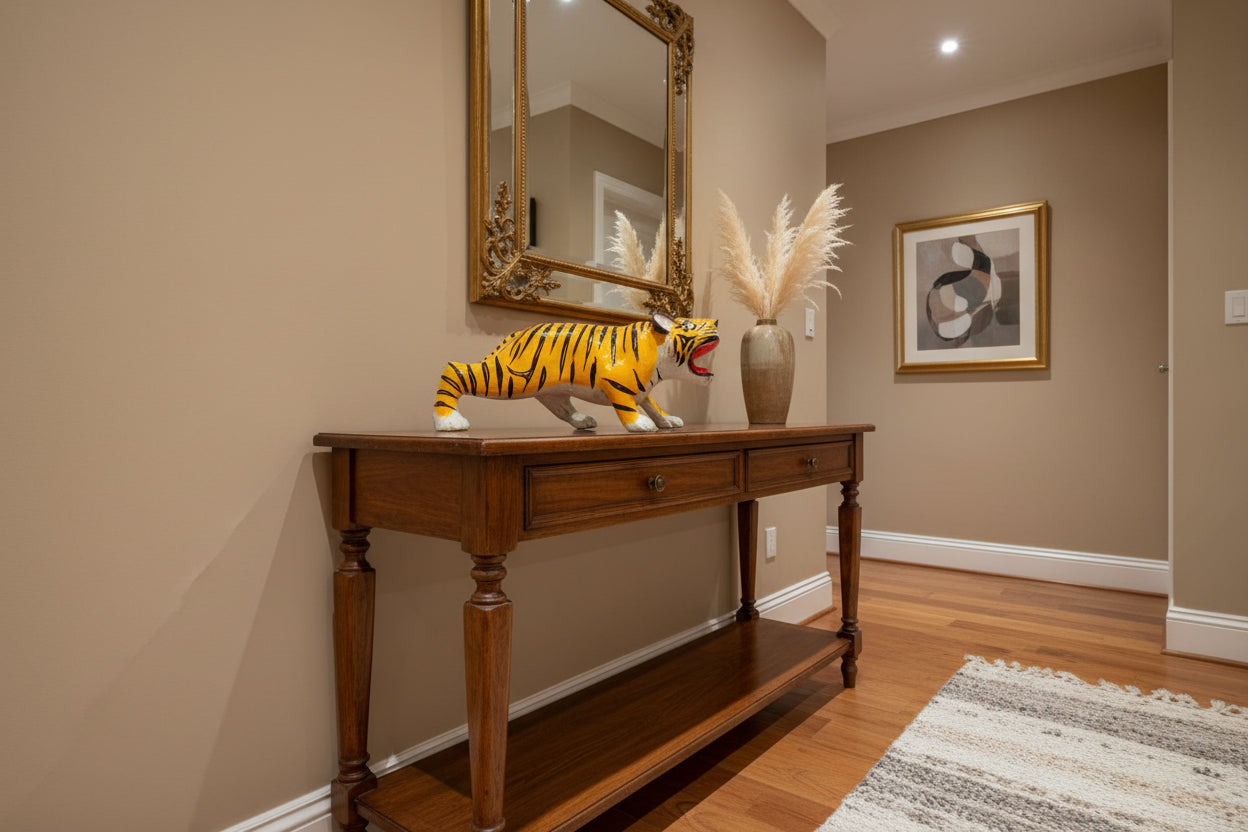 Handcrafted Nirmal lacquered wooden tiger toy in walking posture with hand-painted stripes