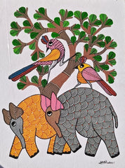 Elephant & Birds Tribal Wildlife Art - Gond Painting   Paintings
