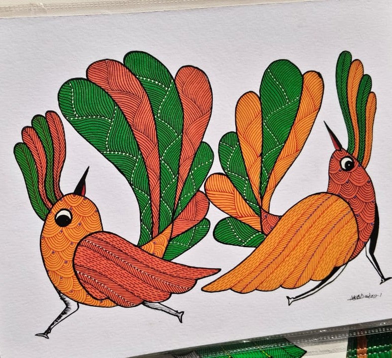 The Dancing Pair Birds – Traditional Gond Painting   Paintings
