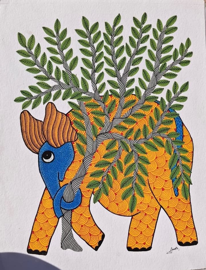Hand-Painted Elephant & Tree of Life Gond Painting   Paintings