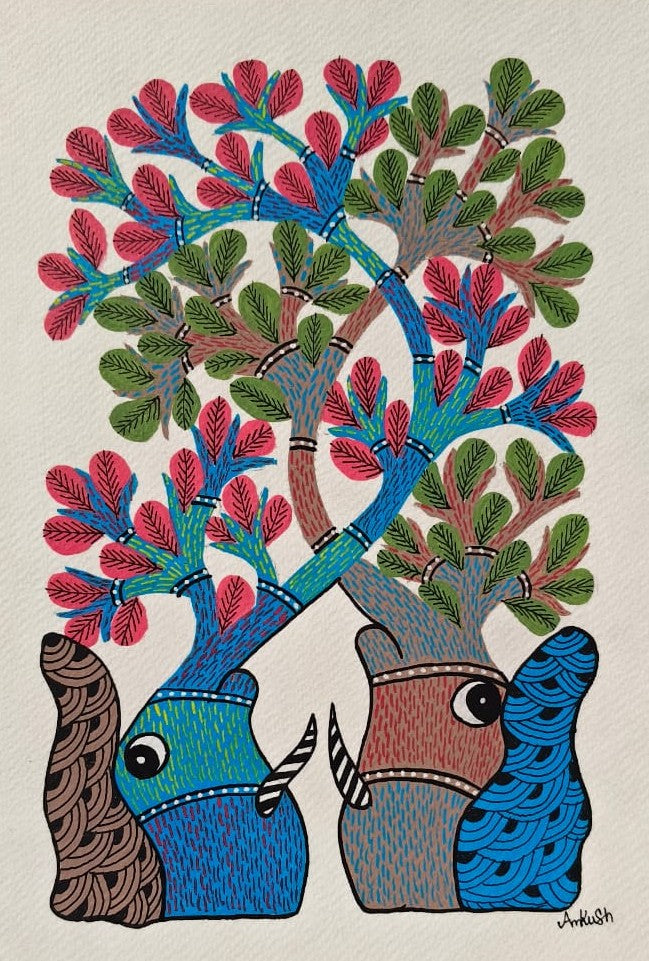 Tree of Life Elephants – Gond Tribal Art Painting   Paintings