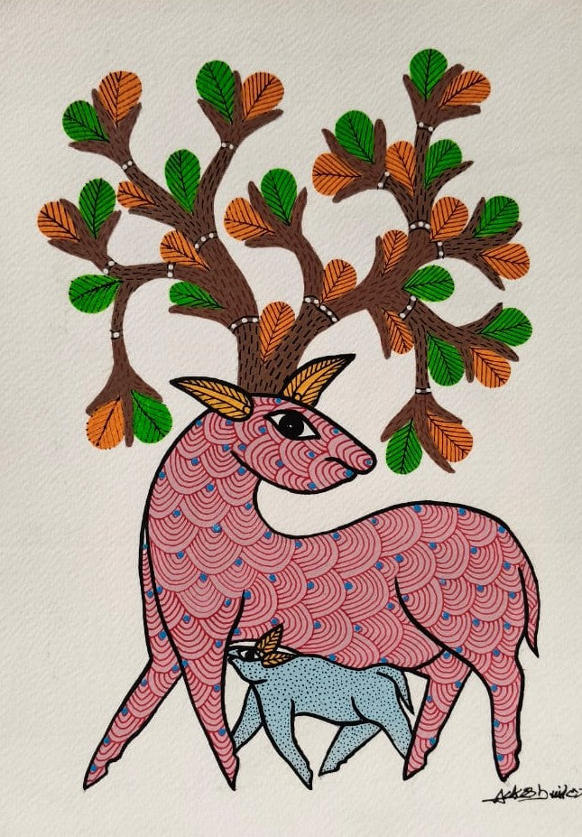 Colorful Deer in Nature – Gond Painting   Paintings