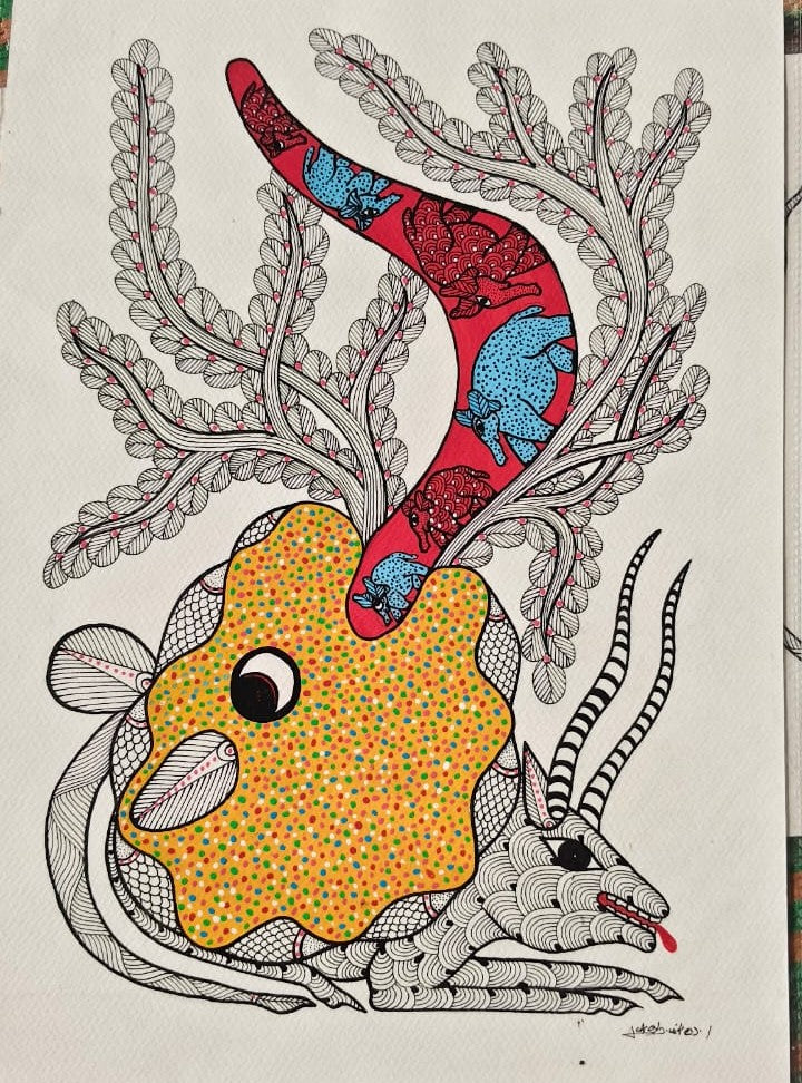 Mystic Horned Spirit Design - Authentic Gond Folk Art   Paintings