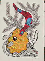 Mystic Horned Spirit Design - Authentic Gond Folk Art   Paintings