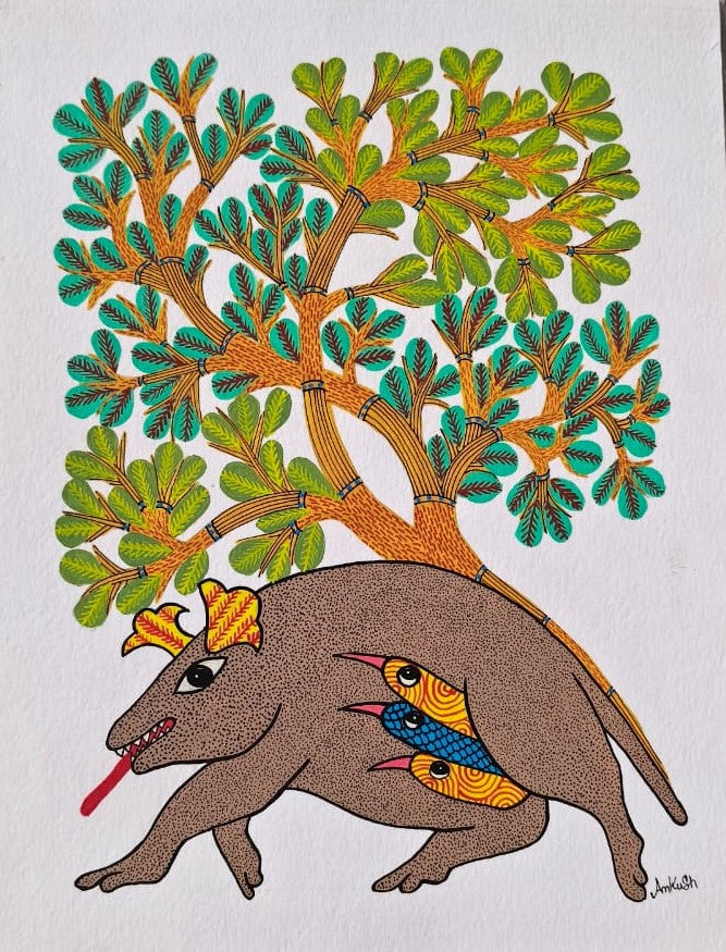 Gond Tribal Artwork – Guardian Tree with Earth Spirit   Paintings
