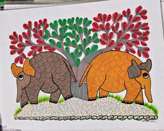 Twin Elephants Nature Painting - Authentic Gond Folk Art   Paintings