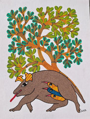 Gond Tribal Artwork – Guardian Tree with Earth Spirit   Paintings