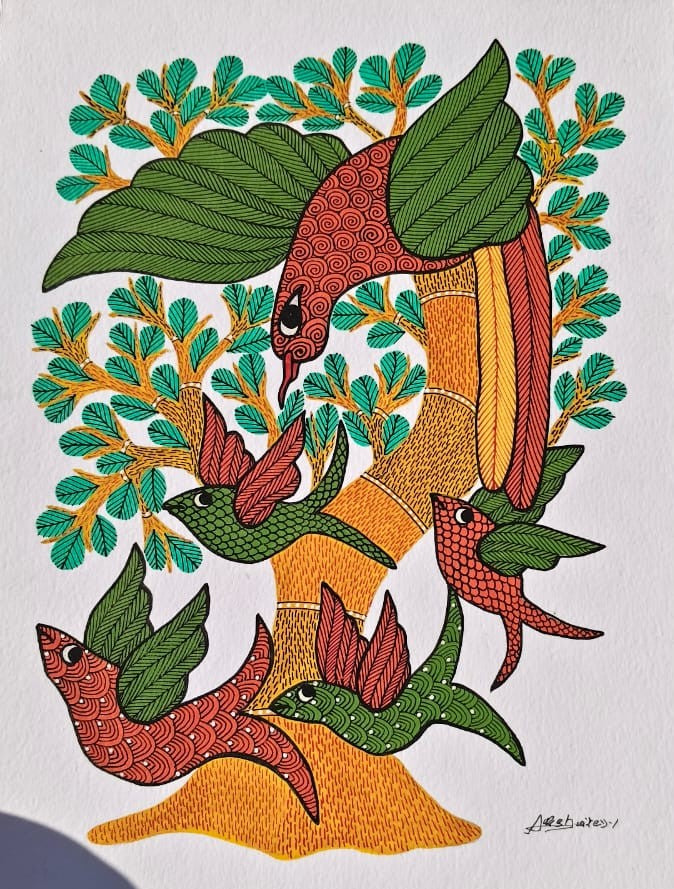 Gond Tribal Artwork – Sacred Tree with Colorful Life Birds   Paintings