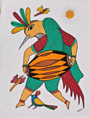 Gond Art Bird Musician Painting – Traditional Indian Folk Artwork   Paintings