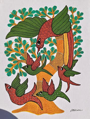 Gond Tribal Artwork – Sacred Tree with Colorful Life Birds   Paintings