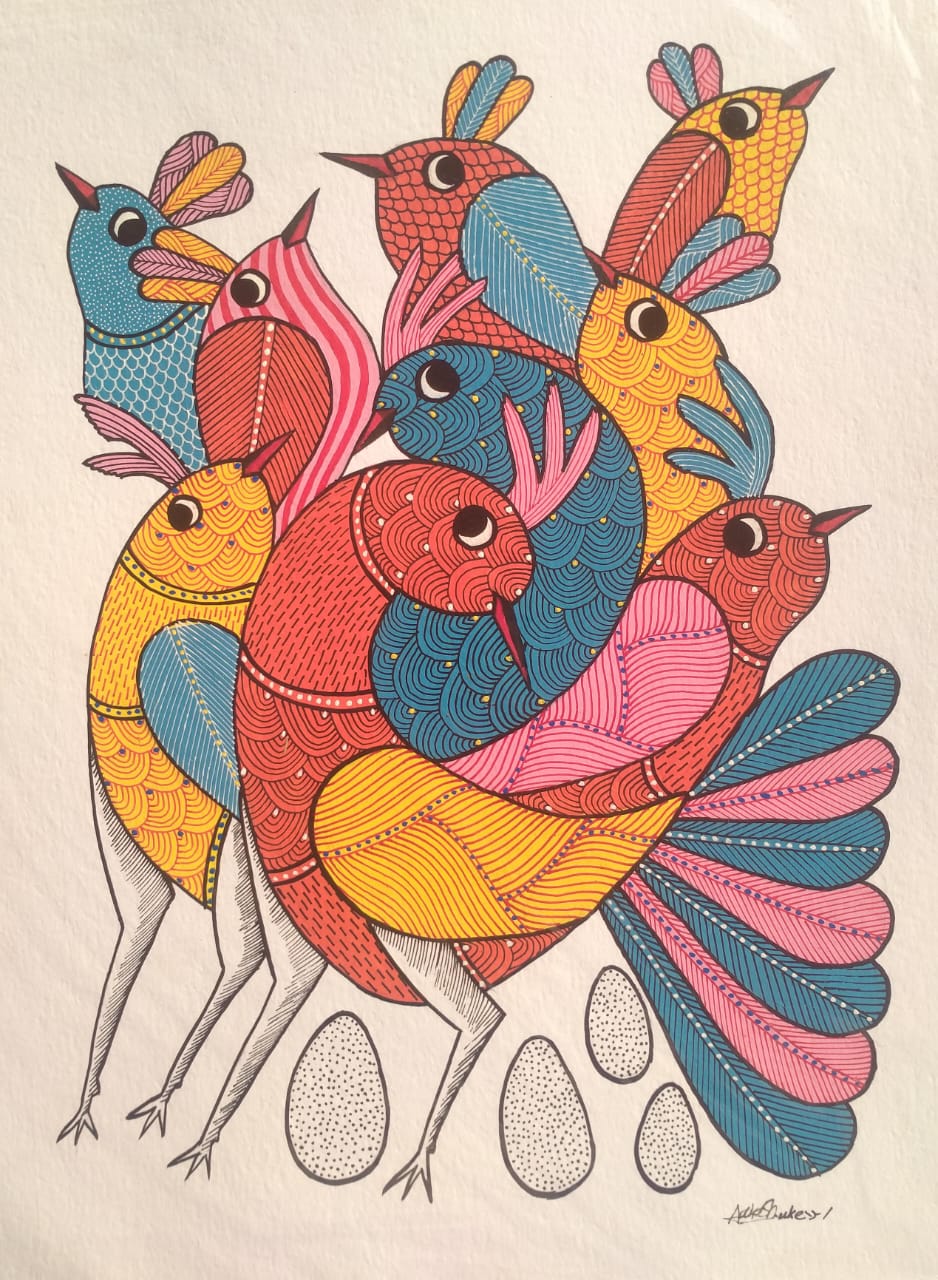 Handmade Birds Painting – Traditional Indian Gond Painting   Paintings