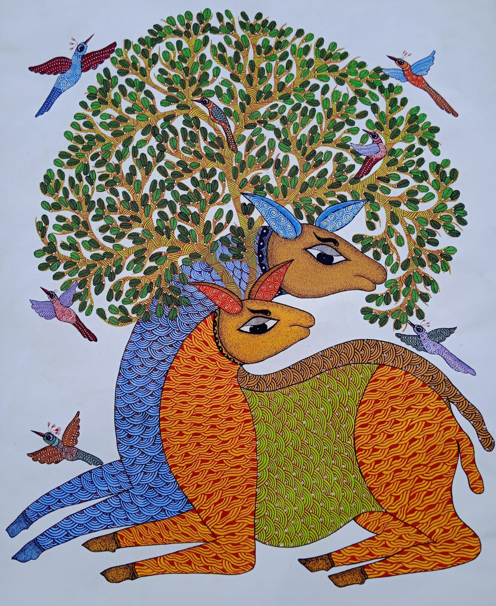 Golden Trio – Peacocks & Tree of Life | Handmade Gond Painting   Paintings