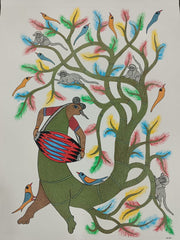 Tribal Musician with Dhol & Forest Wildlife - Gond Painting   Paintings