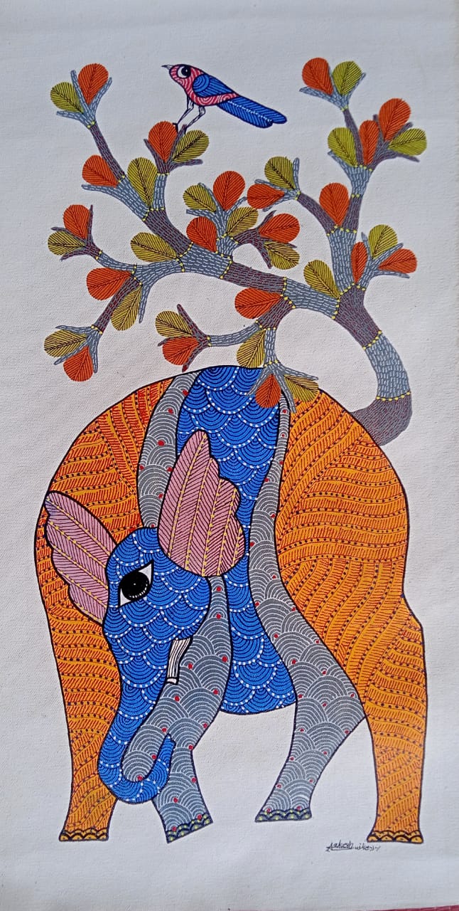 Gajraj & the Sacred Bloom – Vibrant Elephant | Handmade Gond Painting   Paintings