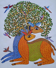 Golden Trio – Peacocks & Tree of Life | Handmade Gond Painting   Paintings