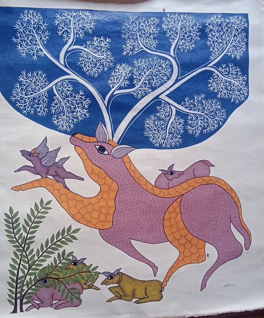 The Sacred Leap – Surreal Deer & Tree of Life | Handmade Gond Painting   Paintings