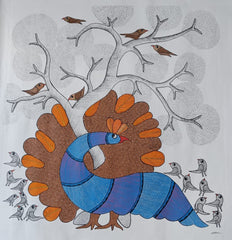 Azure Majesty – Blue Peacock & Sacred Tree | Handmade Gond Painting   Paintings