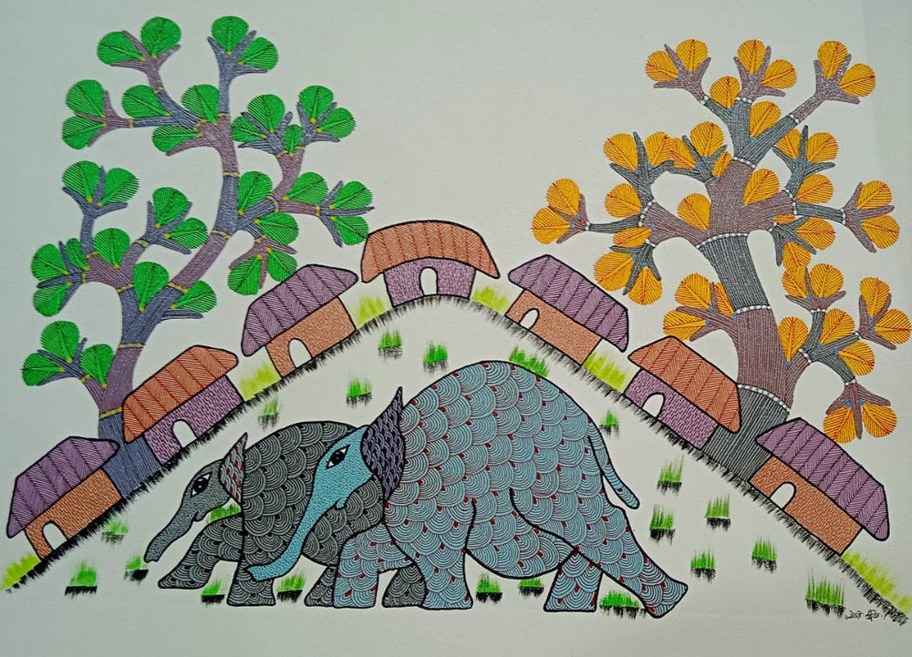 The Gentle Walk – Elephants & Village Life | Handmade Tribal Art Painting   Paintings