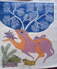 The Sacred Leap – Surreal Deer & Tree of Life | Handmade Gond Painting   Paintings