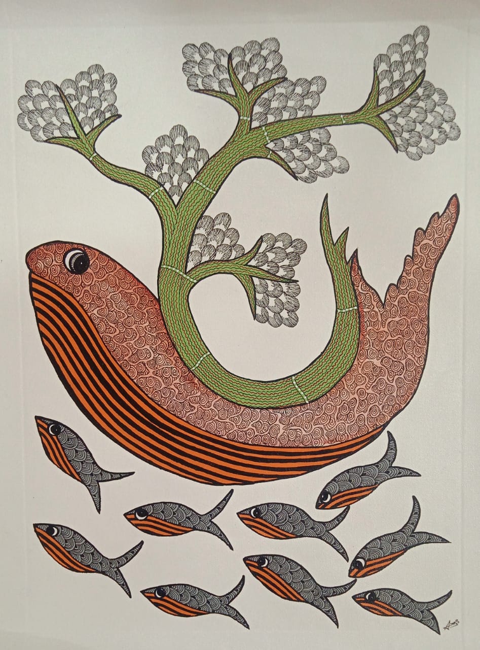 Surreal Fish with Tree of Life Tribal Wall Art -Gond Painting   Paintings