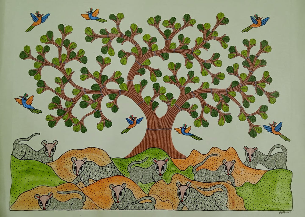 Forest Harmony – Squirrels and Birds Under Tree | Gond Art Painting   Paintings