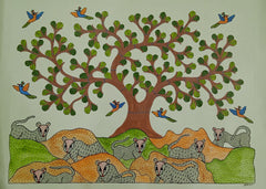 Forest Harmony – Squirrels and Birds Under Tree | Gond Art Painting   Paintings