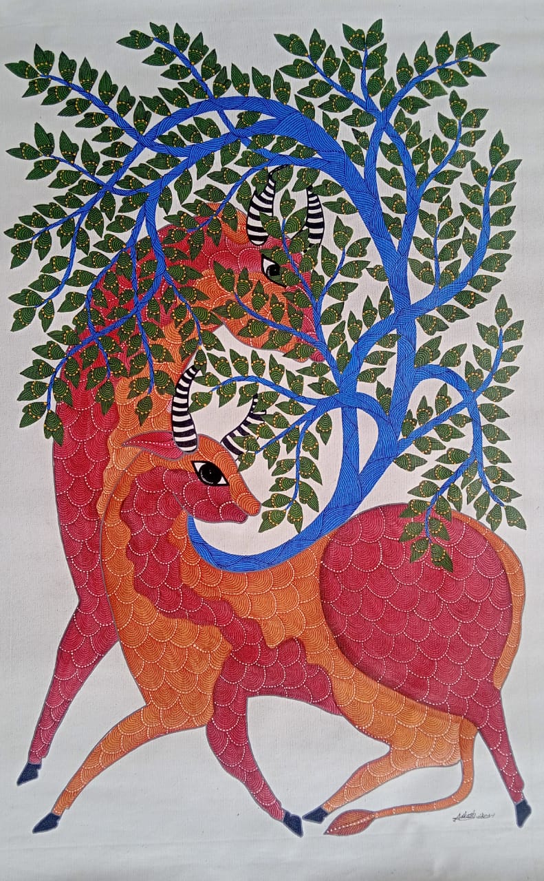 Crimson Antelope & Blue Forest – Contemporary Gond Painting   Paintings