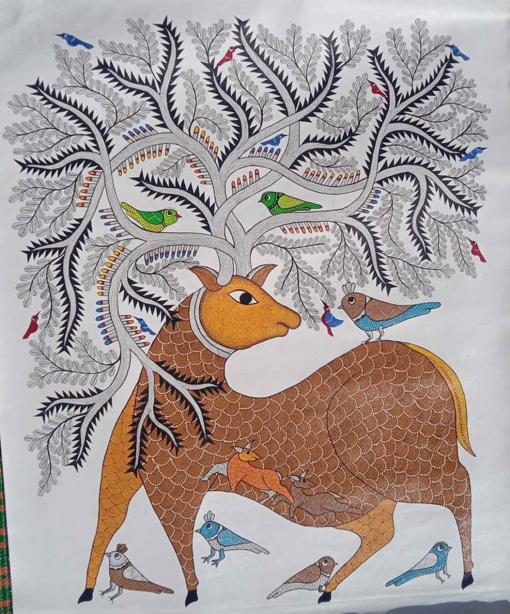 Sacred Deer & Cosmic Tree – Original Gond Painting   Paintings