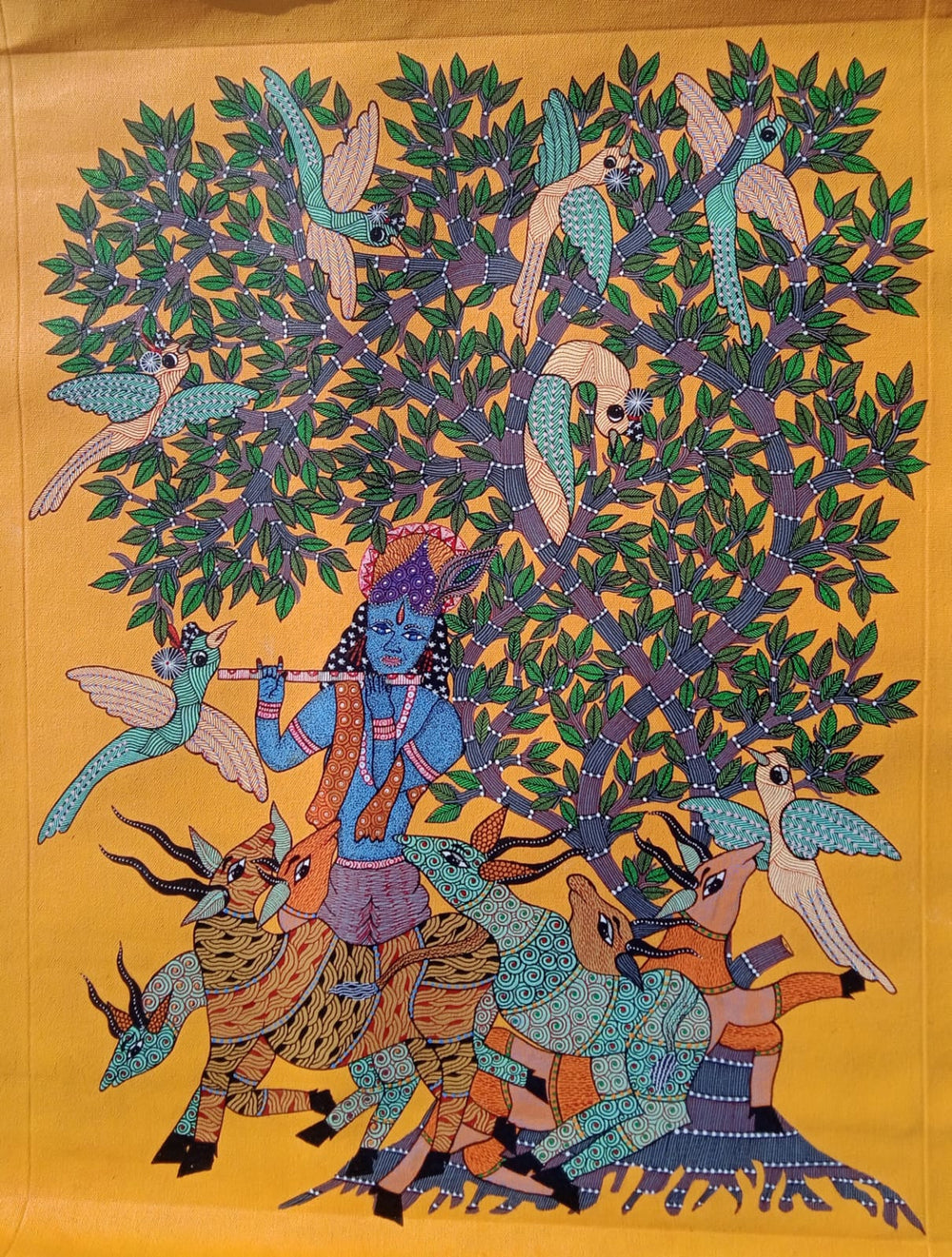 Lord Krishna with Sacred Cows under the Kalpavriksha - Gond Painting   Paintings