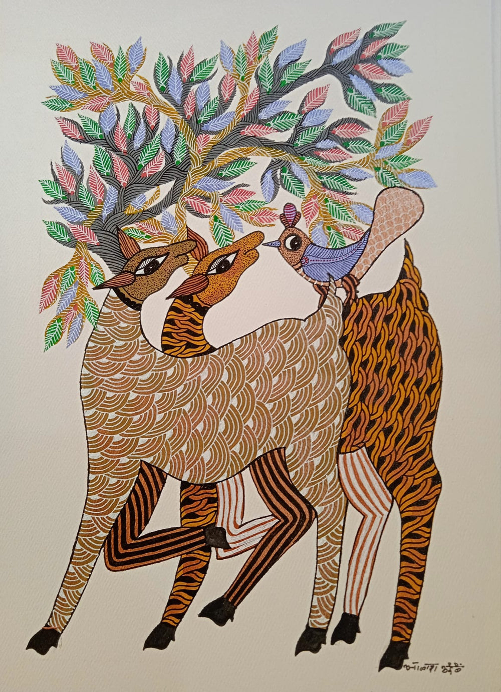 Three Vibrant Deer - Gond Painting   Paintings