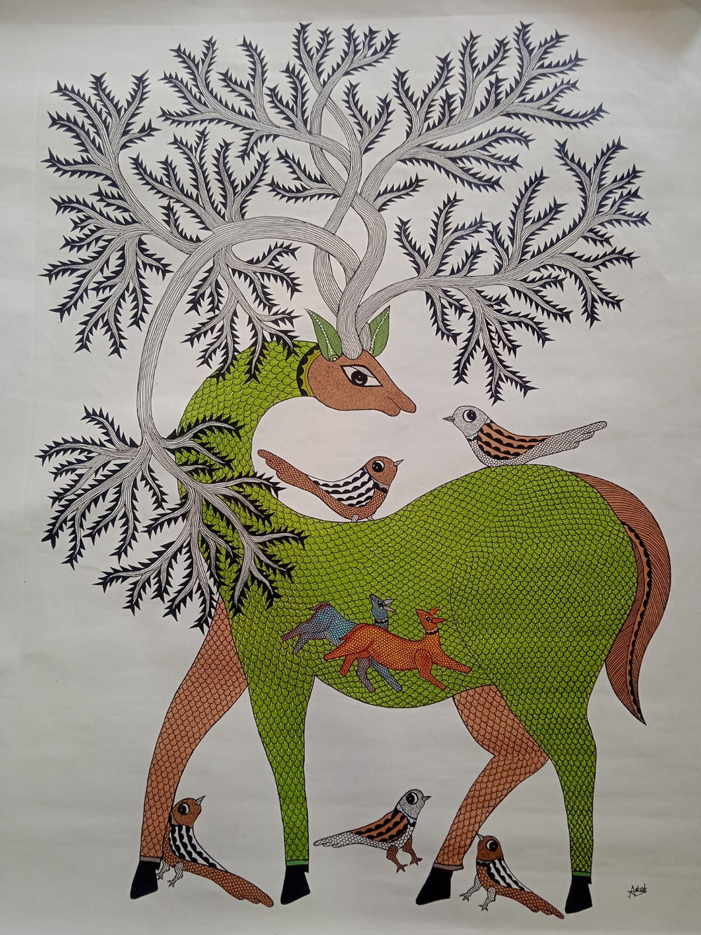 Hand-Painted Art with Inner Animal Motif - Gond Painting   Paintings