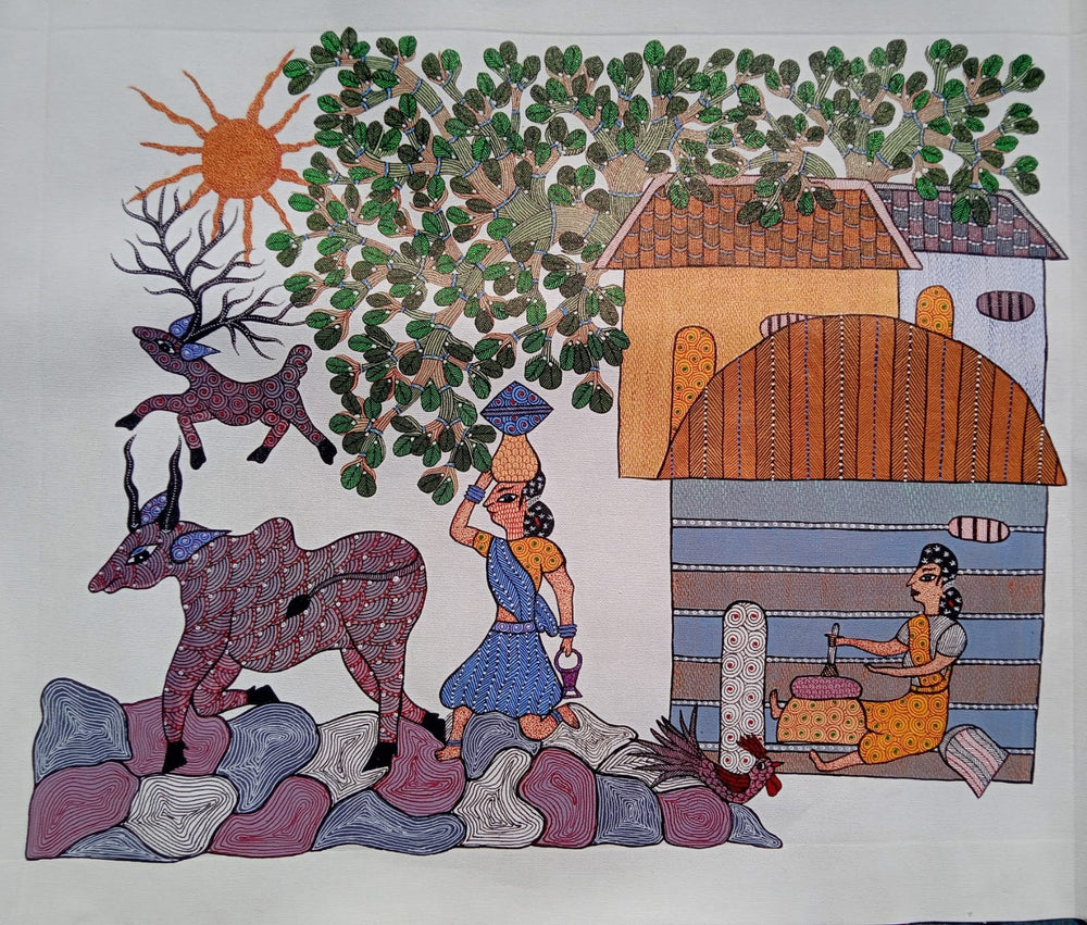 Authentic Hand-Painted Tribal Life Scene – Gond Painting   Paintings