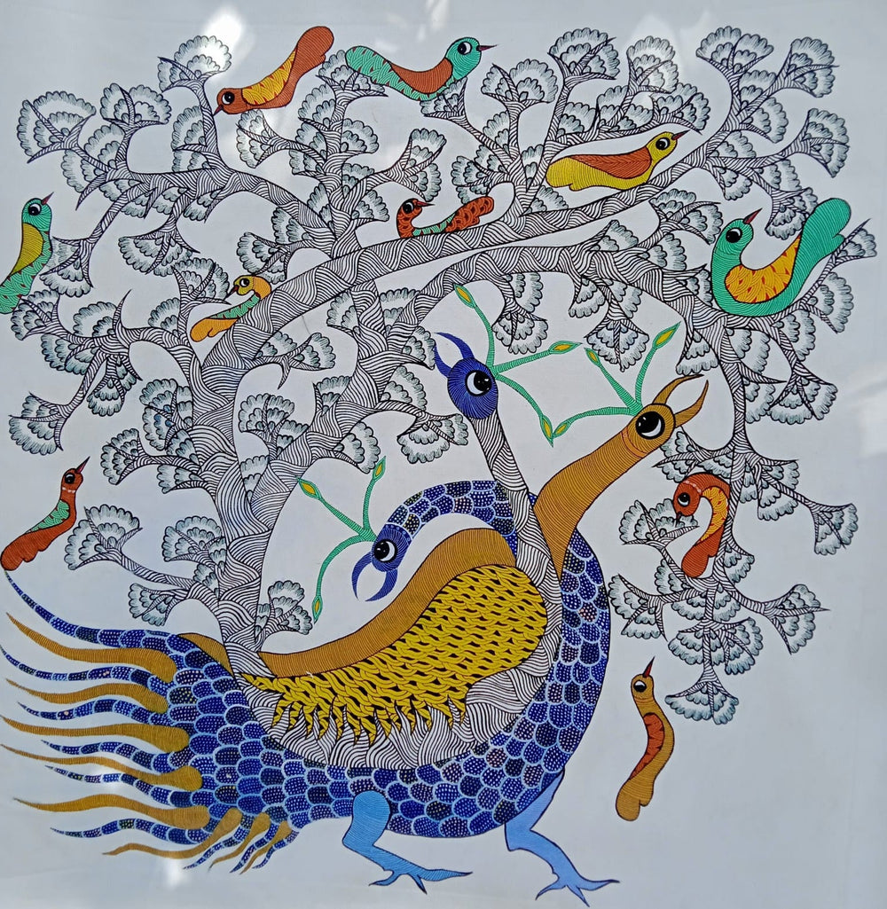 Royal Peacock & Forest Melody – Handcrafted Gond Painting   Paintings