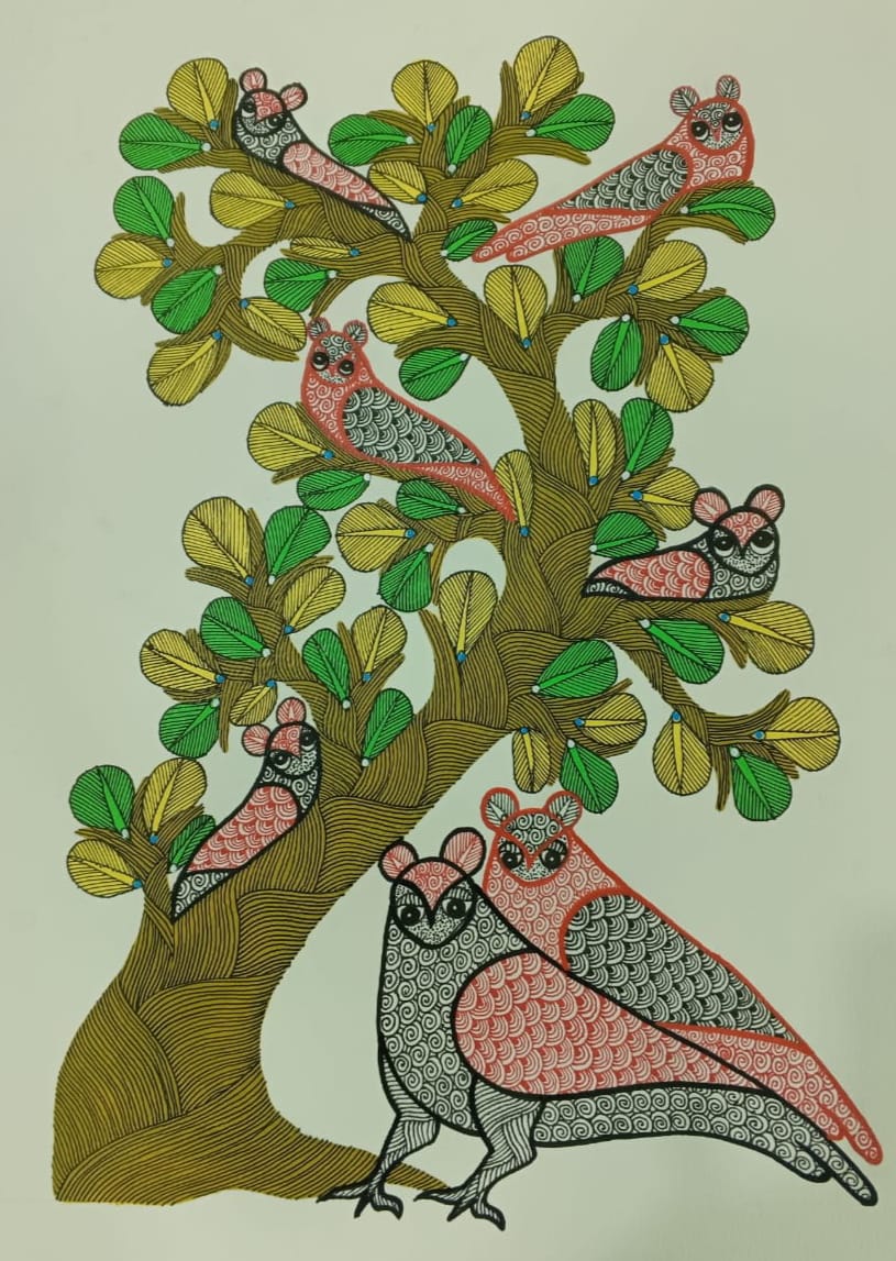 Eternal Bond – Gond Tribal Bird Couple Under the Tree   Paintings