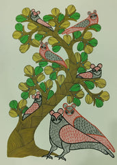 Eternal Bond – Gond Tribal Bird Couple Under the Tree   Paintings