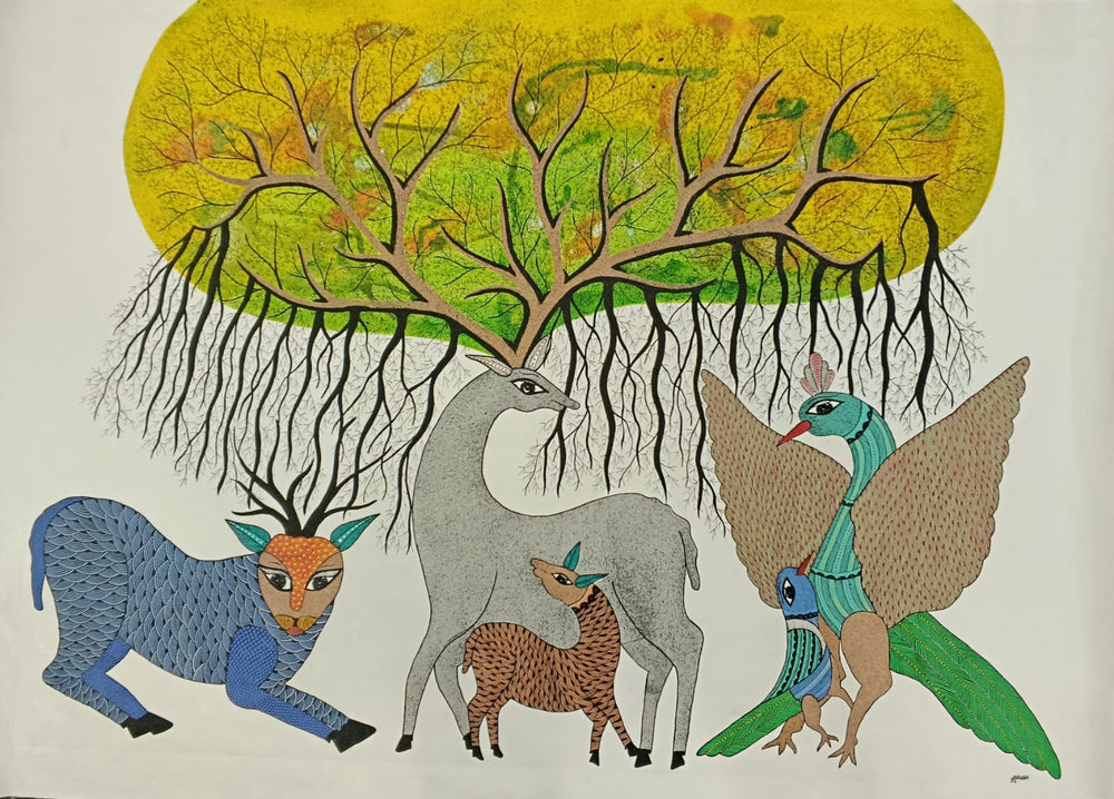Tree of Life & Forest Companions – Handcrafted Gond Painting   Paintings