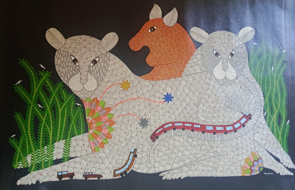 Forest Spirits in Harmony – Handcrafted Gond Tribal Wildlife Painting   Paintings