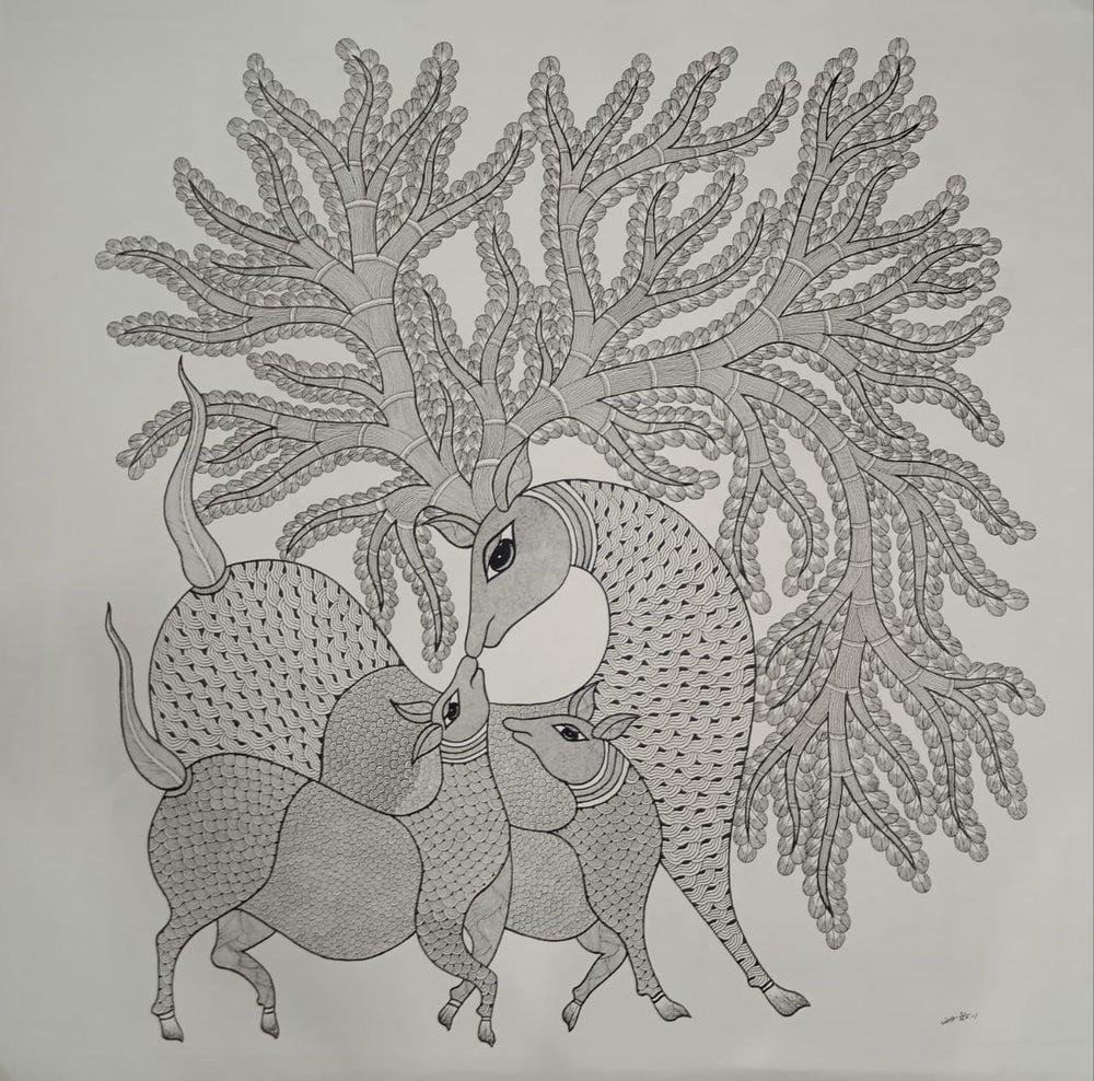 Monochrome Tree-Horned Deer – Gond Painting   Paintings