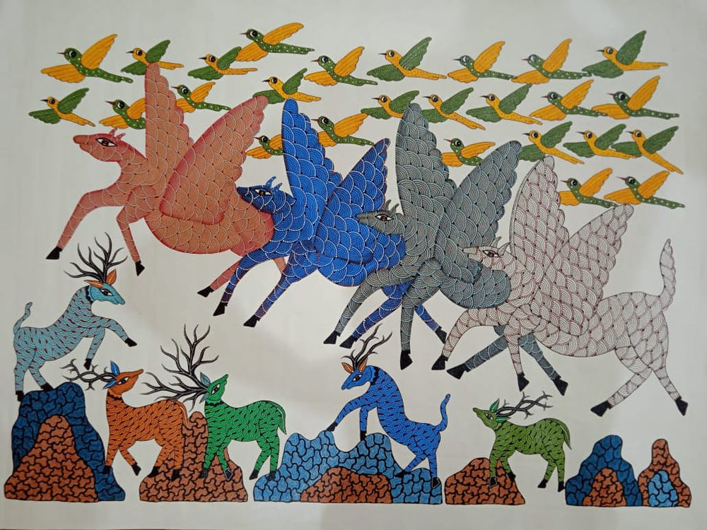 Celestial Winged Deer Art – Gond Painting   Paintings