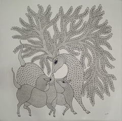 Monochrome Tree-Horned Deer – Gond Painting   Paintings