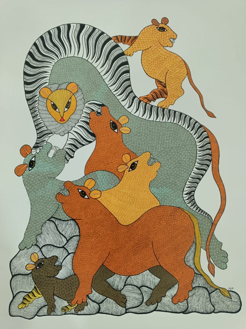 The Guardian Tigress & Cubs – Traditional Gond Folk Painting   Paintings