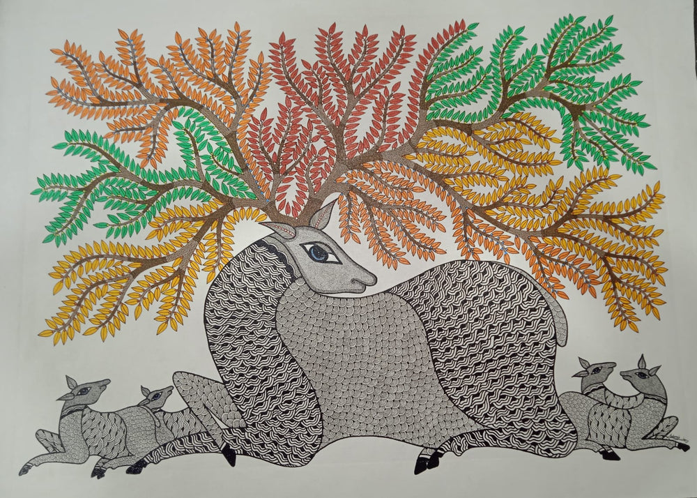 Mother and Fawn in the Blossom Grove – Gond Painting   Paintings
