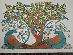 Symmetrical Twin Peacock and Sacred Tree - Gond Painting   Paintings