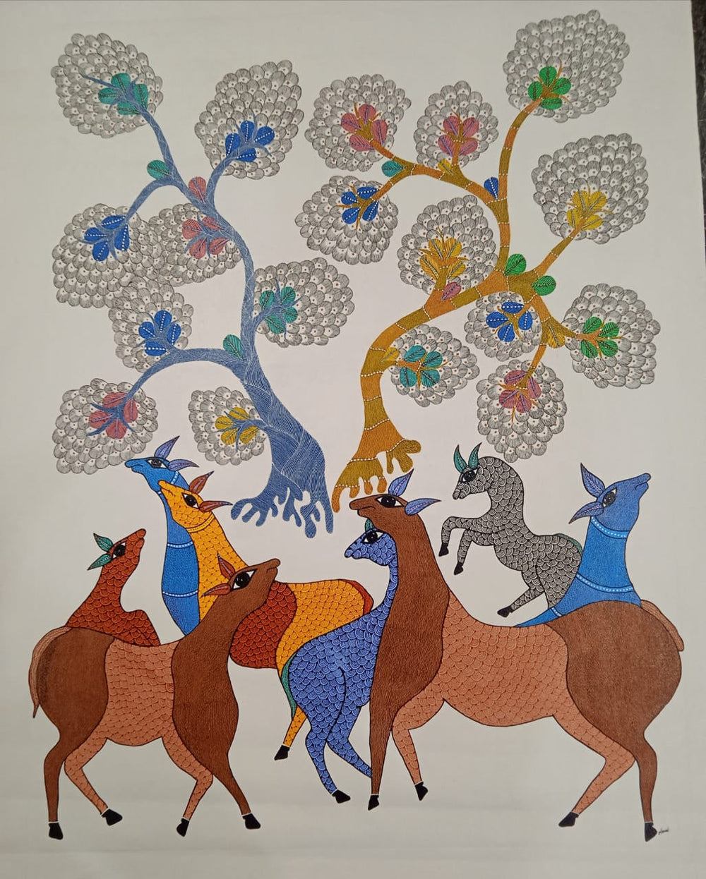 The Twin Trees and the Sacred Deer Herd - Gond Painting   Paintings