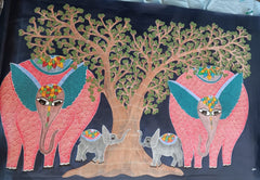 Majestic Elephant Family Under the Sacred Tree - Gond Painting   Paintings