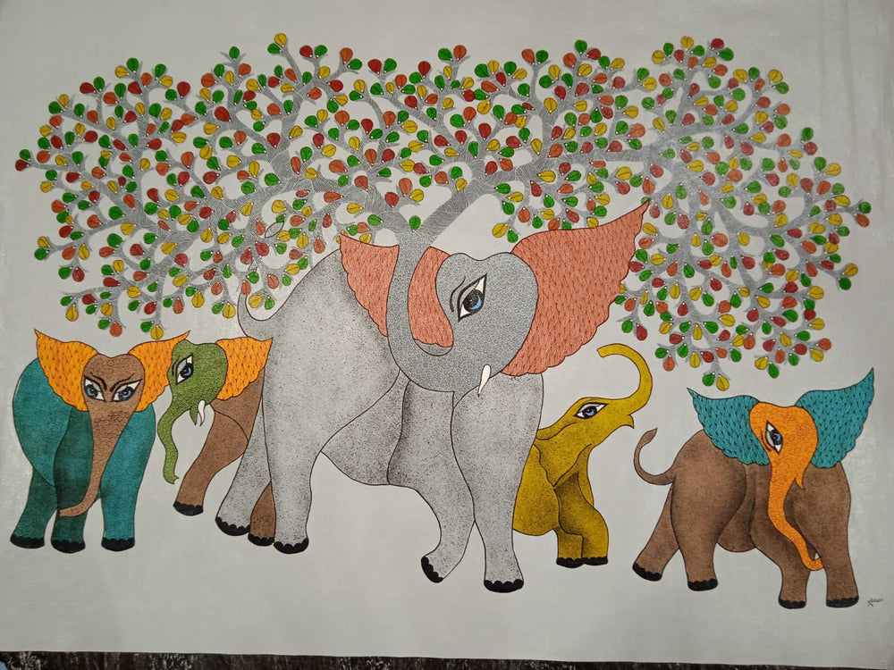 Elephant Family Under Tree of Life – Gond Art Painting   Paintings