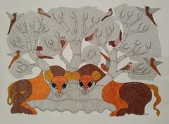 Resting Tigers with Birds – Tribal Art Gond Painting   Paintings