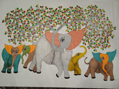 Elephant Family Under Tree of Life – Gond Art Painting   Paintings